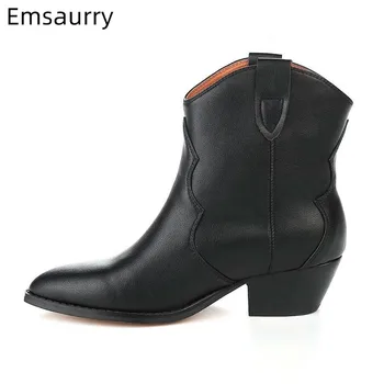 

Real Leather Boots Woman Patchwork Pattern Concise Bottes Slim On Point Toe Casual Botas 2020 Classic Black Boots Woman Mujer