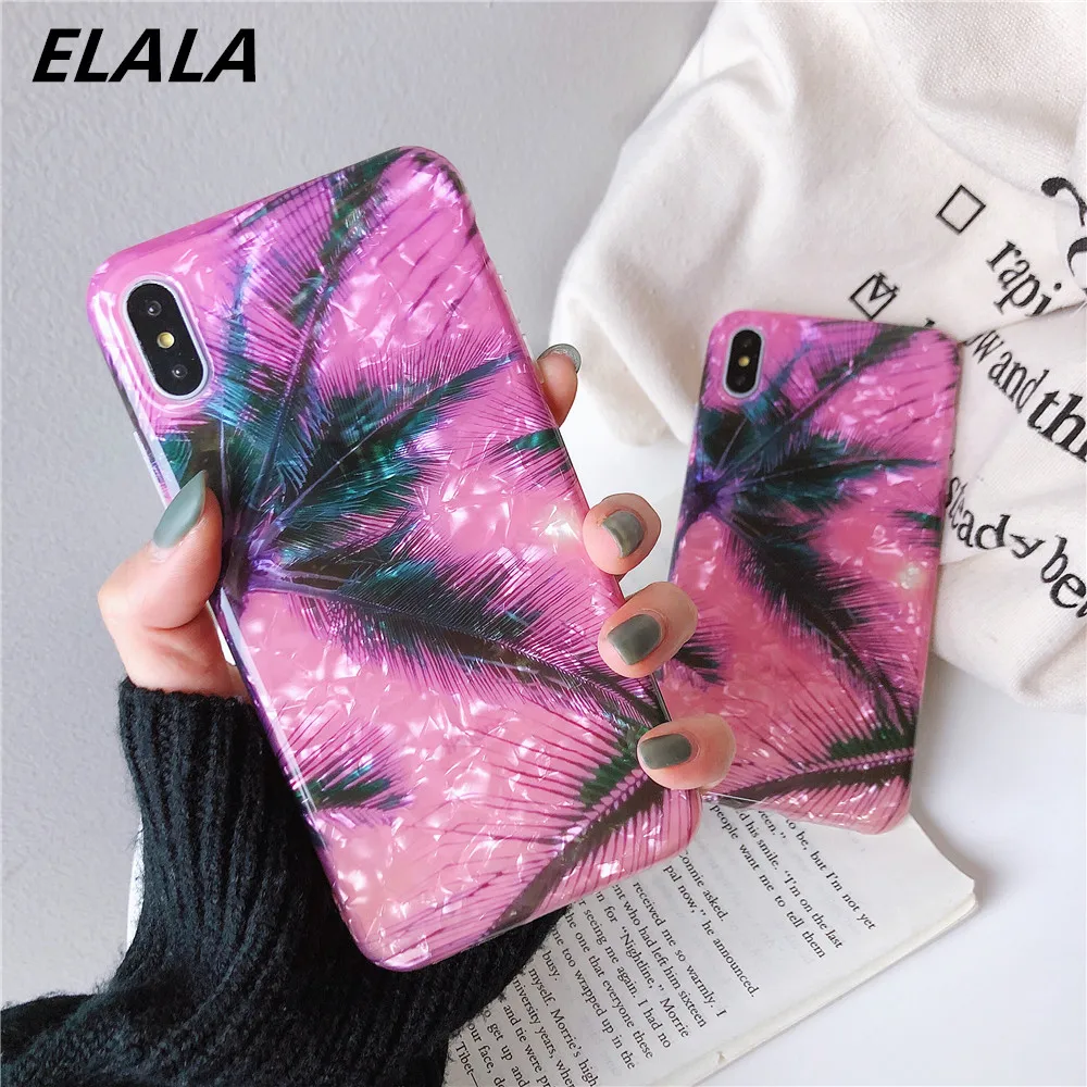 

ELALA Tropical leaves Glitter Marble Case For iPhone 11 Pro XS Max XR X 6 S 7 8 Plus Soft Case Coconut tree Pattern Flower Cover