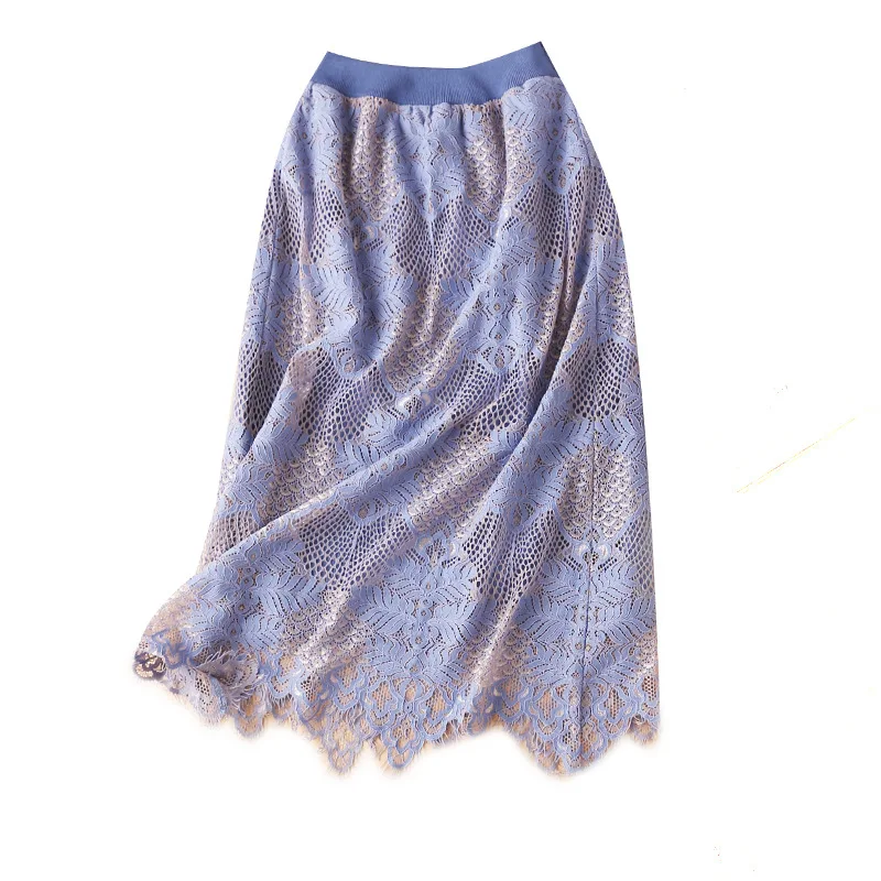 

Lace Women Skirts High Waist Office Lady A-Line Solid Mid-Calf Empire Korean Fashion Skirt 2020 Autumn New Faldas Mujer Moda