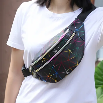 

Waist Bag Sports Bag Female PU Fanny Pack Colorful Geometric Laser Multi-Layer Outdoor Crossbody Belt Bags Bright Leather Unisex
