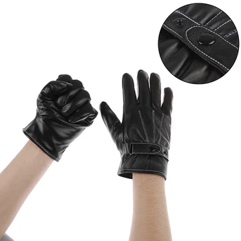 

Mens PU Leather Winter Warm Mittens Gloves Cashmere Outdoor Button Windproof Gloves Driving Luxurious Luvas Motociclismo