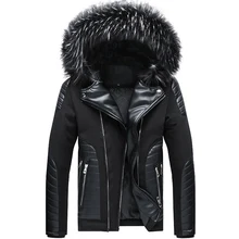 Новинка, мужские зимние куртки из искусственной кожи, Мужская меховая шерстяная Повседневная куртка пальто, черная куртка-пуховик, теплое плотное пальто, парка WD012
