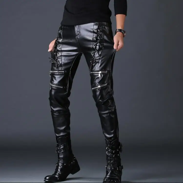 Idopy мужские кожаные брюки черные в стиле панк обтягивающие кружевные вечерние сценические стимпанк Искусственные Брюки из искусственной кожи для мужчин