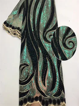 

Nigeria Latest Design Velvet Lace Fabric 5 Yards/pcs High Quality African Lace Green Color Sequins For Party Dress ZX4