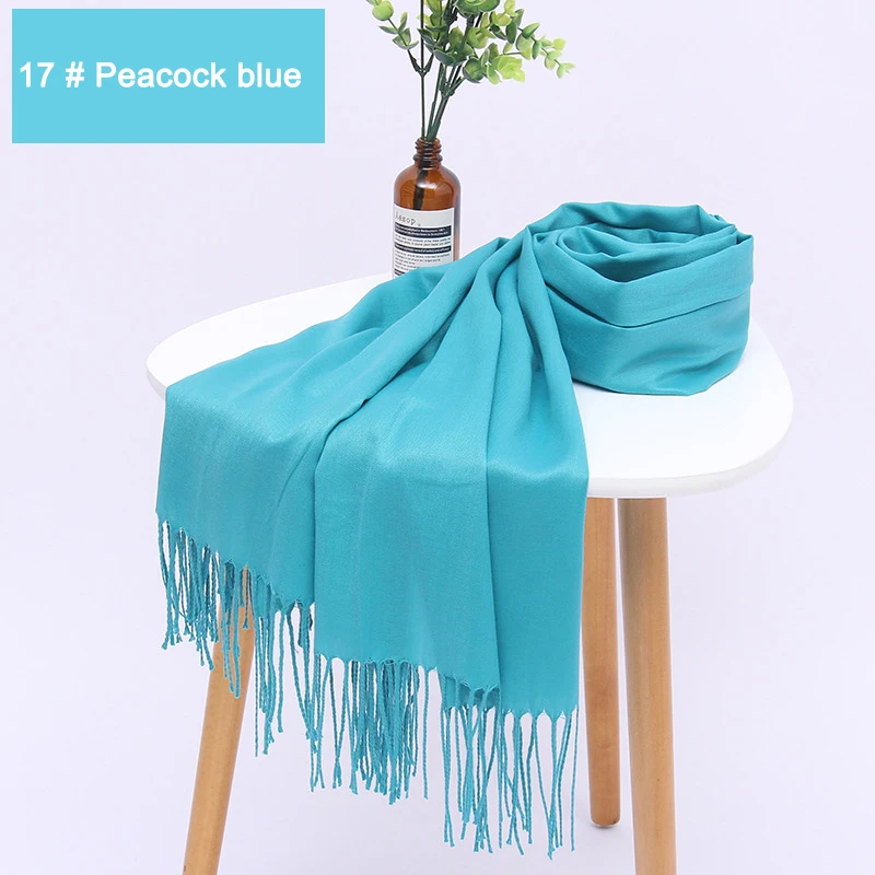 17 Peacock blue Женские однотонные хлопковые шарфы с кисточкой женские зимние тонкие весенний шарф летние роскошные женские шали теплые шарфы для женщин - Цвет: 17 Peacock blue