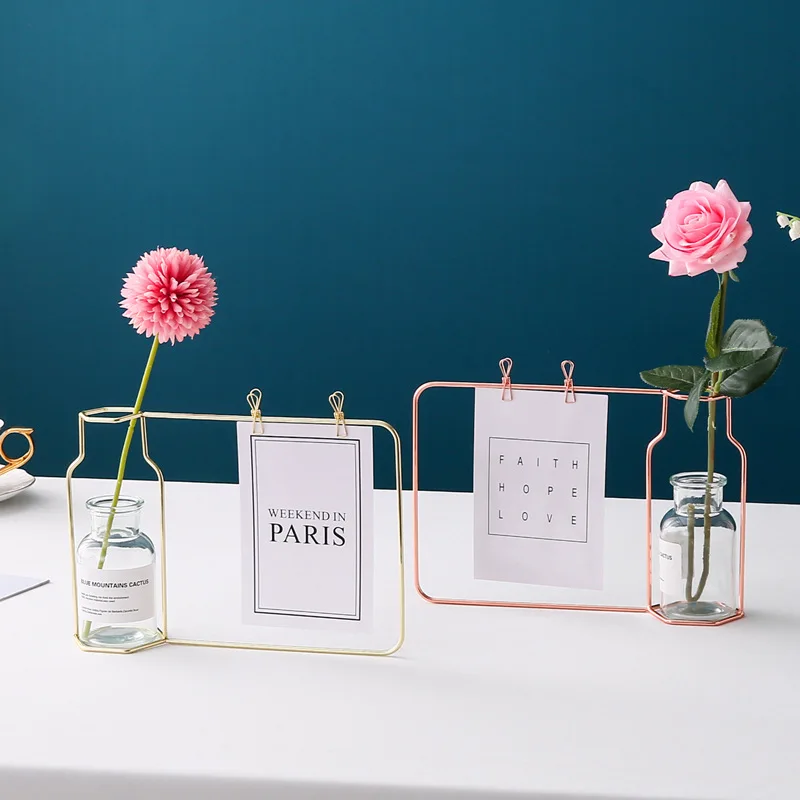 Nordic Hydroponic Glass Vase Wrought Iron Vase Photo Frame Decoration Table Flower Vases Decoration Home Metal Plant Holder 3