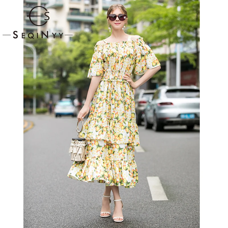 

SEQINYY Cascading Ruffles Dress 2020 Summer New Fashion Runway Short Sleeve Yellow Flowers Fruit Print Long Dress Sweet Holiday