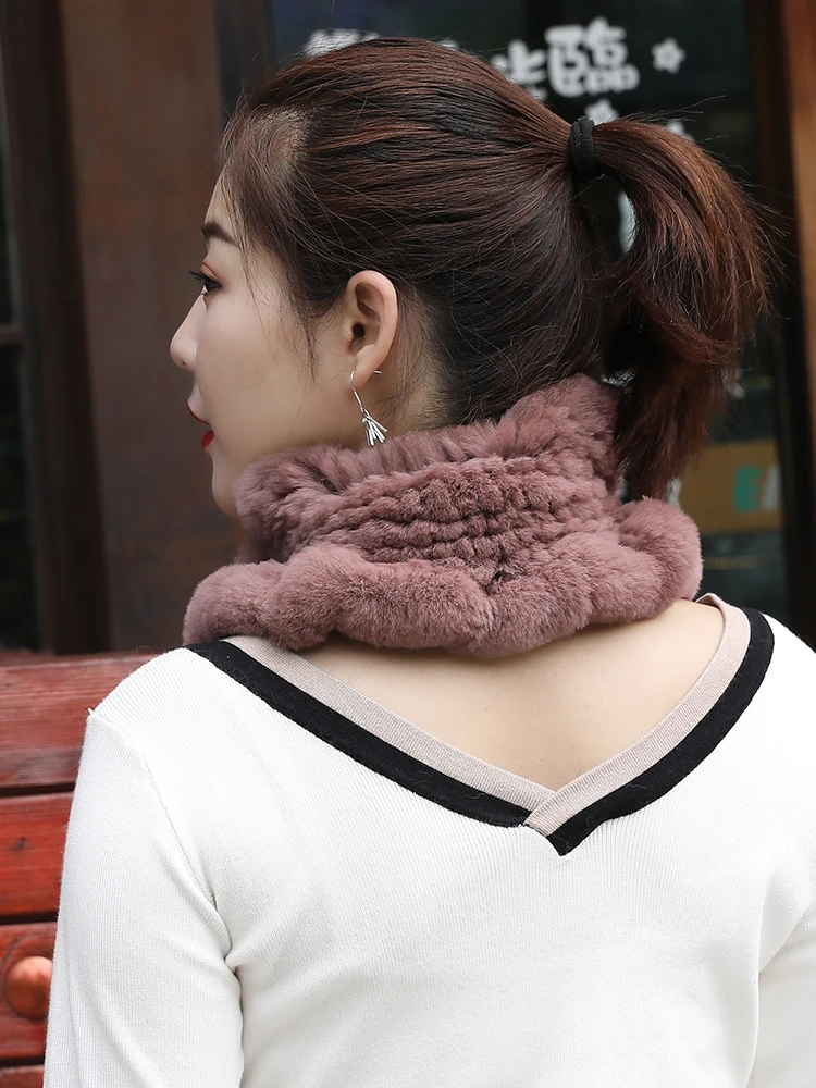 Winter Fur Scarf For Women Real Rex Rabbit Fur Neckerchief Ruffled Handmade Fluffy Soft