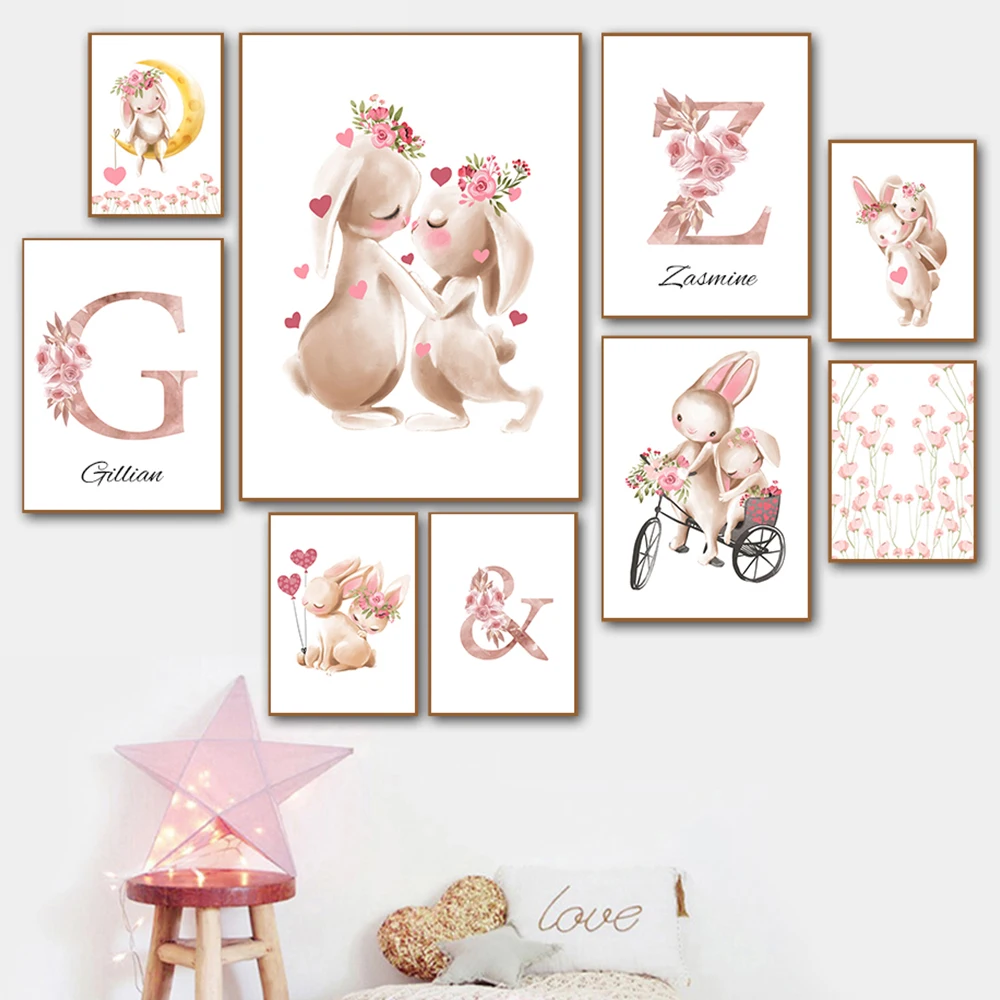 Nursery Personalized Wall Poster Print Flower Gift Baby Girl For Kids Art Custom Name Bunny Rabbit Canvas Painting Pictures |