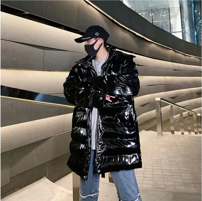 M-XXL!Winter new super fire men's long loose hooded bright leather coat men and women couples jacket jacket