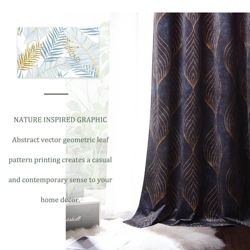 NICETOWN 1 Piece Leaf print Velvet Curtain Super Soft Luxury Warm Blackout Energy Grommet for Decor Home Theater Living Room