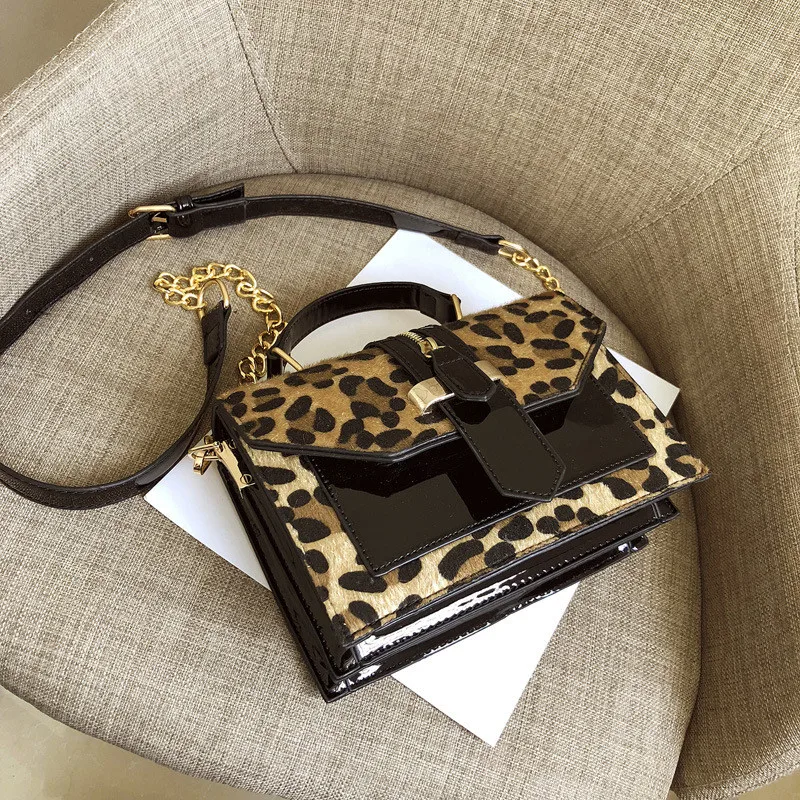 Новая мода Корейская версия меха леопардовая маленькая квадратная сумка из лакированной кожи с цепочкой на одно плечо косые женские сумки