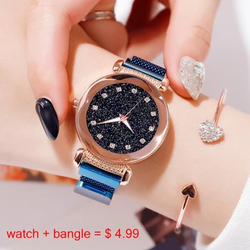 

Flower Case Women Watches Sky Rose Gold Magnet Mesh Band Quartz Wristwatch 2020 Diamond Luxury Ladies watch+Bracelet set