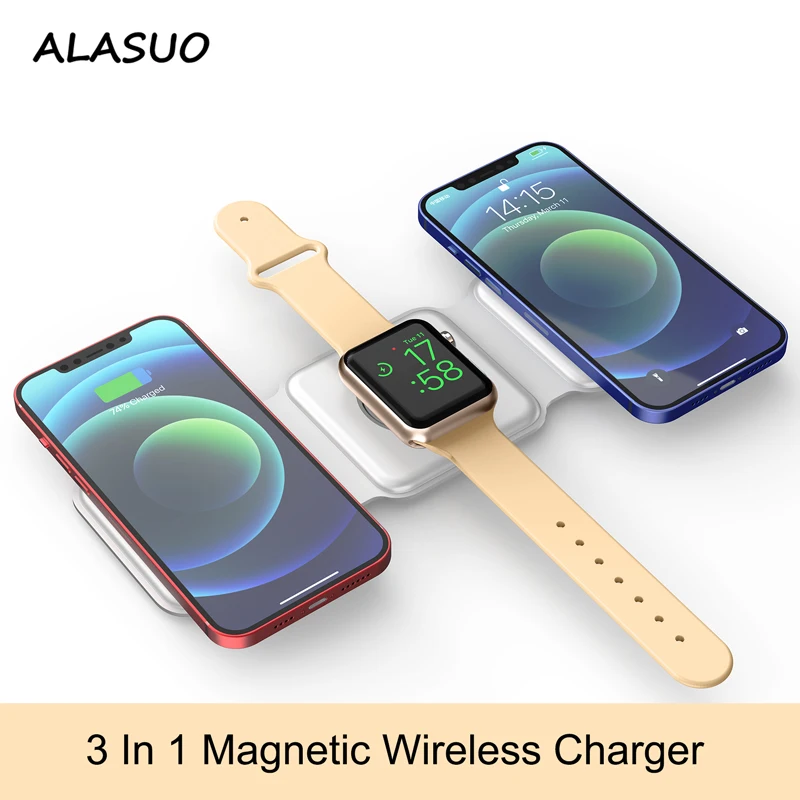 3 In 1 Magnetic Wireless Charger for iPhone 12/12 Pro max Airpods Pro Apple Watch 15W Fast Charge Folding QI Induction Phone Pad