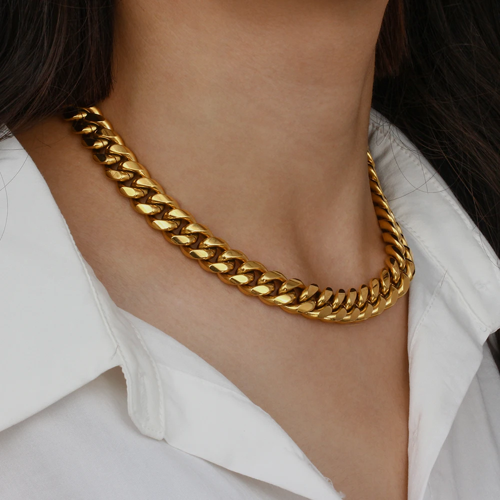 

E.B.belle New Trendy Stainless Steel 18K Gold Plated Tarnish Free Chunky Cuban Chain Necklaces For Women Hiphop