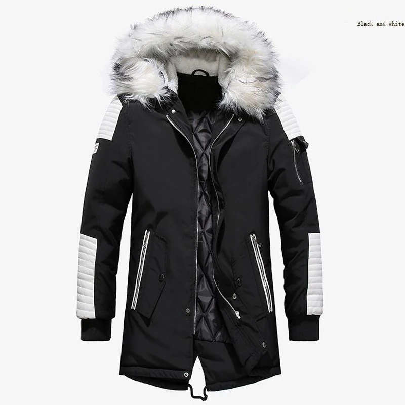 black with white Популярная мода, длинное пальто с белым меховым воротником, Мужская Зимняя Повседневная теплая парка в стиле пэчворк, верхняя одежда, ветровка, пальто, одежда - Цвет: black with white