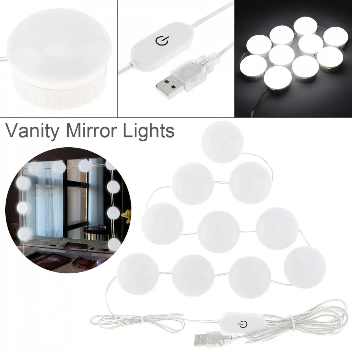 

LED Night Lights Vanity Mirror Lights Kit with 10pcs Dimmable Light Bulbs Lighting Fixture Strip 70LM for Makeup Dressing Table