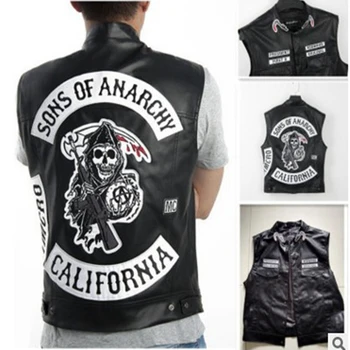 Sons Of Anarchy Embroidery Leather Rock Punk Vest Cosplay Costume Black Color Motorcycle Sleeveless Jacket