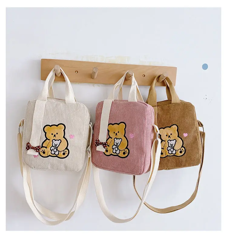 

Fashion Corduroy Children Crossbody Bags Cartoon Kids Tote Bags Cute Toddler Shoulder Bags Bear Print Handbag for Baby Girls Boy