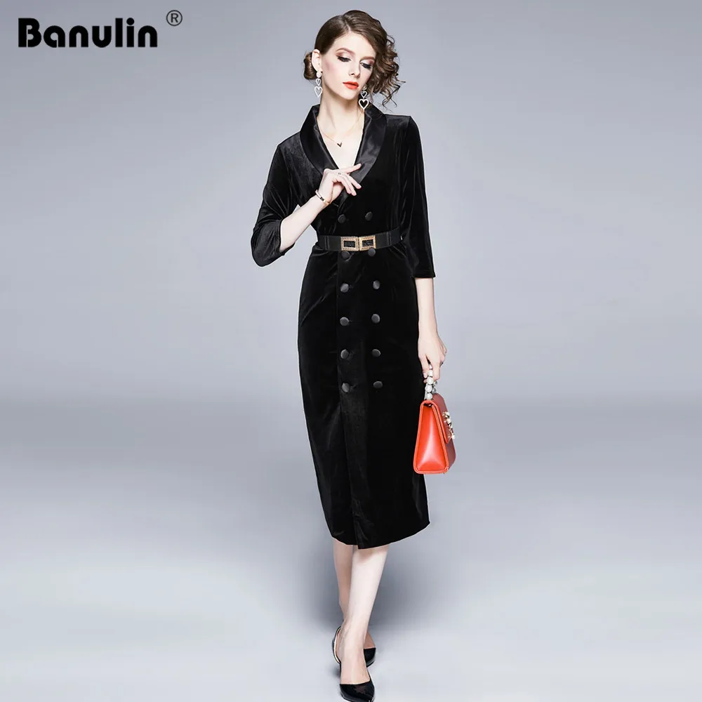 Banulin 2019 Новый подиумный Весенний костюм воротник лацканы черное бархатное платье