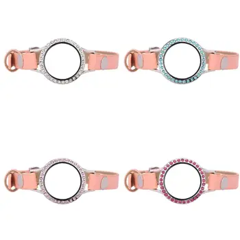 

5pcs/lot 30mm Different color crystals Locket 23cm Pink Single Wrap PU Leather Locket Bracelets Wristband With 50pcs Charms