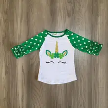 День Святого Патрика для маленьких девочек с рукавом три четверти, хлопковый модный топ, футболка одежда типа "реглан" Единорог оборками трилистник для защиты от обледенения рукав