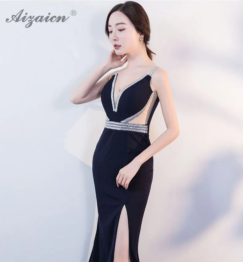 Модные длинные платья с глубоким v-образным вырезом Cheongsam черное современное китайское Сексуальное Тонкое Платье Qi Pao женское китайское вечернее китайское платье-Ципао