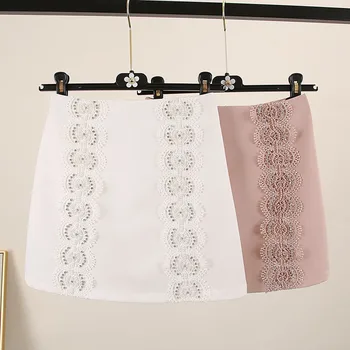 

Short Skirt Women's 2020 Spring Clothing Korean-style Lace Edge spliced Diamond Beads Skirt lady High-waist slim A-line Skirt