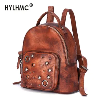 

2020 New Genuine Leather Small Backpack Women Bag Design Retro Leather Large Capacity Backpacks Orange Travel Female Cow Leather