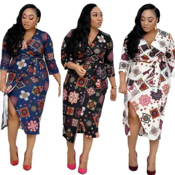 

Elegant African Design Dashiki Dress Print V neck Slim Office Muslim Bazin Maxi Robe Gowns Broder Riche Sexy Lady Evening Party
