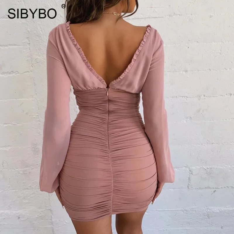 SIBYBO Сетчатое лоскутное Плиссированное осеннее платье для женщин с глубоким v-образным вырезом и длинным рукавом мини сексуальное облегающее платье с открытой спиной Вечерние Короткие платья