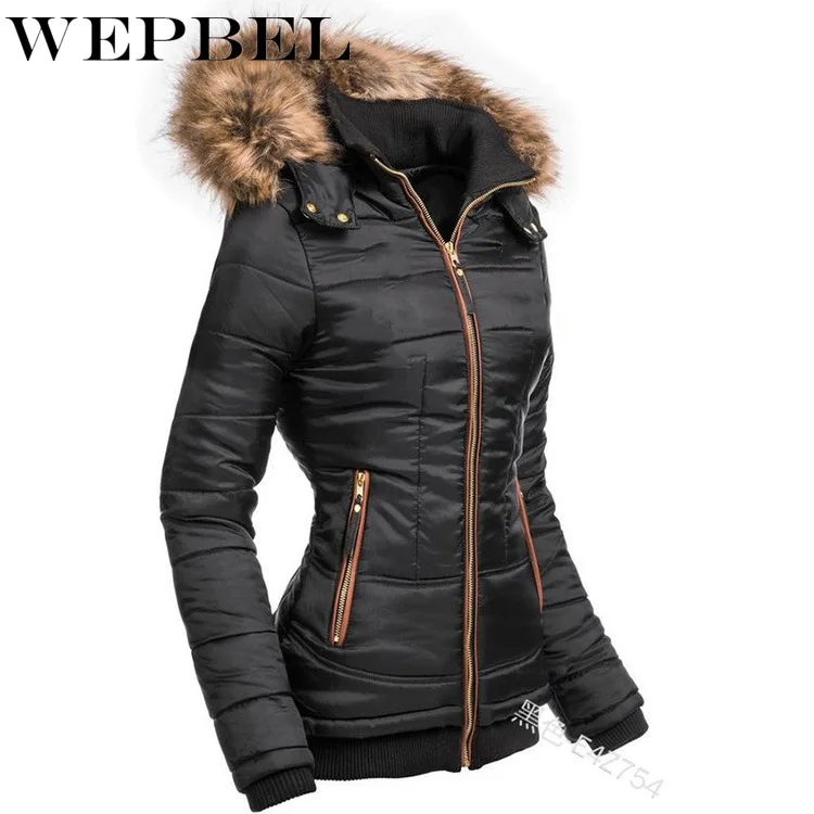 

WEPBEL Women's Casual Solid Color Zipper Parkas Winter Long Sleeve Turtleneck Hooded Slim Fit Warm Coat