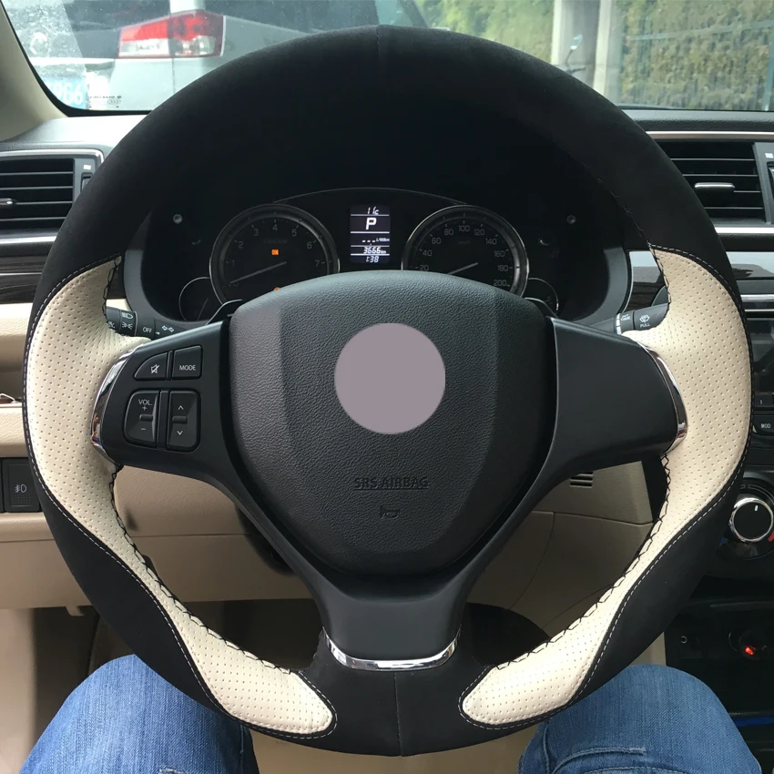 

Black Suede Beige Leather Car Steering Wheel Cover for Suzuki Alivio 2015 2016 auto Steering Covers