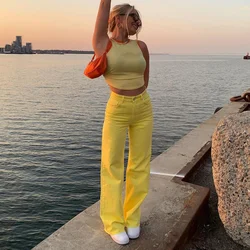 2021 estilo calça jeans feminina retrô de corte retrô perna larga retalhos verão amarelo jeans para mulheres cintura alta terno jeans y2k
