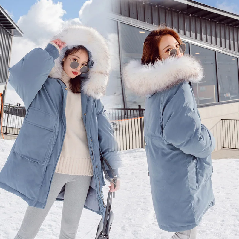 

Photo Shoot Blue down Feather Cotton-padded Clothes Women's Mid-length 2019 Winter New Style CHIC Korean-style Loose-Fit Fur Col