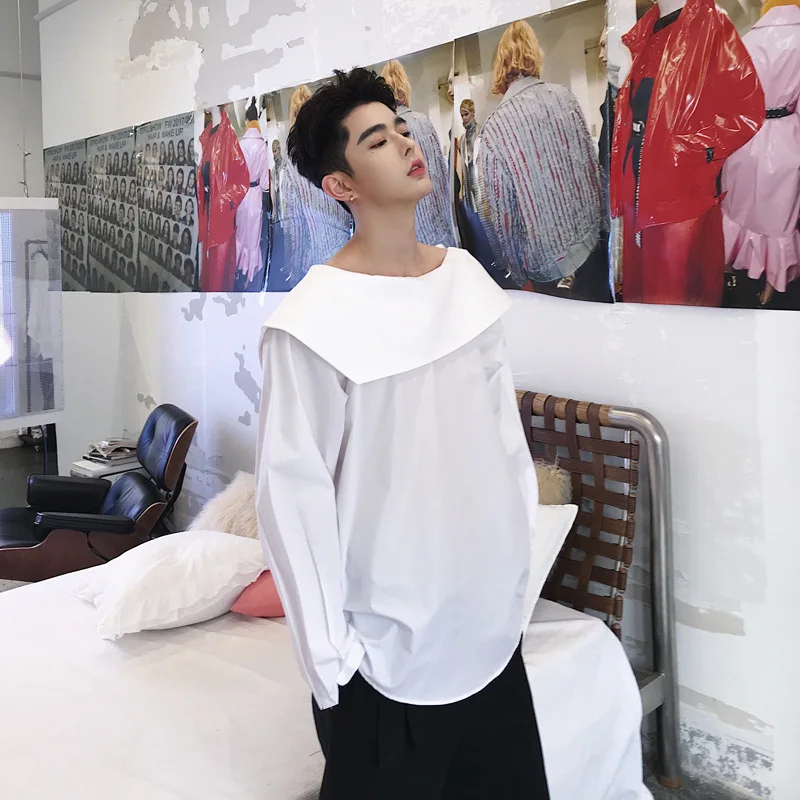 EWQ/весна, рукав-фонарик, отложной воротник, необычная Свободная рубашка, мужские винтажные пуловеры, индивидуальная блузка FS979