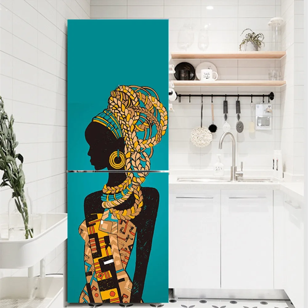 Vintage Self Stick Fridge Wrap Human Flower Beach Vinyl Door Mural Sticker For Refrigerator Peel and Stick Removable Wrap Decal