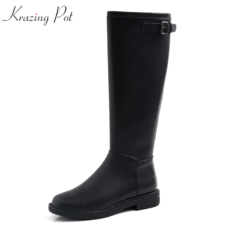 

krazing pot genuine leather zipper low heels round toe knee-high boots punk rock design concise buckle decoration long boots l15