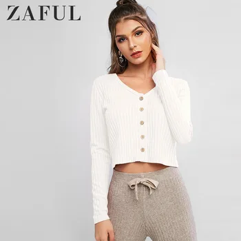 

ZAFUL Autumn Women Solid Ribbed Button Up Cardigan Solid V Neck Woman Tops Single Button Tight Sweater Short Sweaters Cardigan