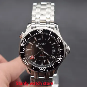 

Sapphire crystal Bliger 41mm black dial luminous marks GMT function date display automatic movement men's wrist watches