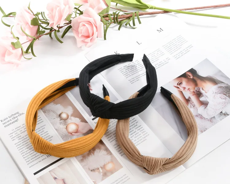 Korean-style Hair Accessories Headdress Fabric Knitted Cross Knot Hair Bands Headband Large Rims Stripes Hair Bands Knot Hair Ba