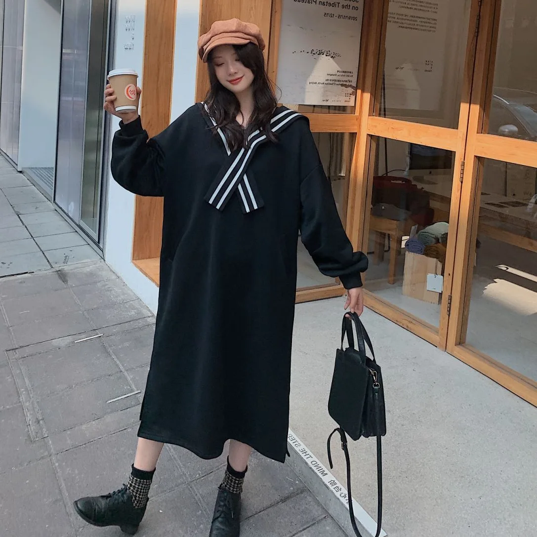 

Photo Shoot INS Vigorous GIRL'S by Age Contrast Color Stripes V Navy Collar Loose-Fit Long plus Velvet Hoodie Dress Spring