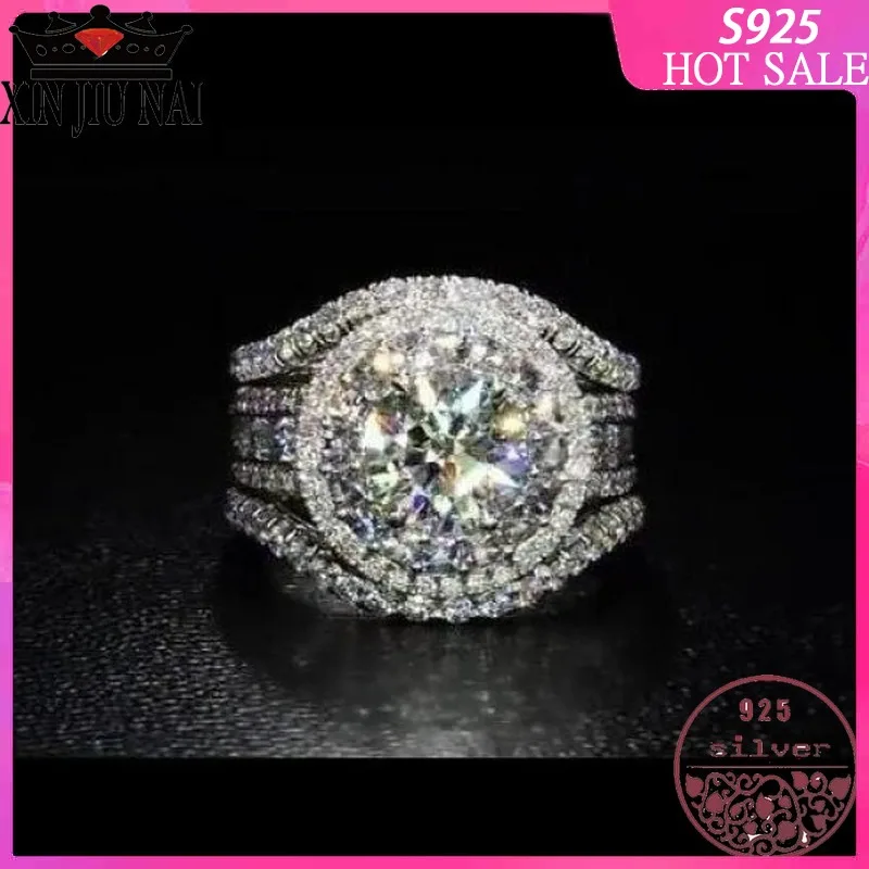 

100% S925 Sterling Silver Pop Fashion Women's Retro Exaggerated Zircon Full Diamond Gemstone Ring Luxury Noble Jewellery