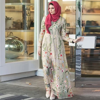 

Siskakia Calssy Mesh Flower Embroidery Long Dress O Neck Full Sleeve Maxi A Line Dresses Muslim Islamic Ramadan Eid Outfits 2020