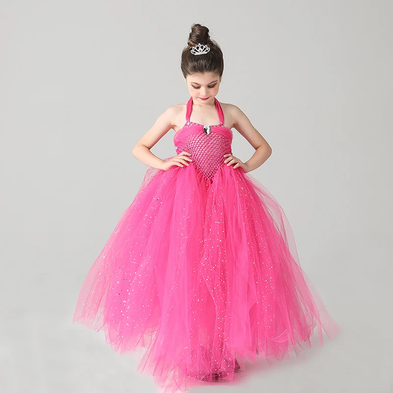 Glittery Hot Pink Tulle Girls Party Tutu Dress Princess Stunning Ball Gown Dress for Children Wedding Pageant Birthday Costume (3)