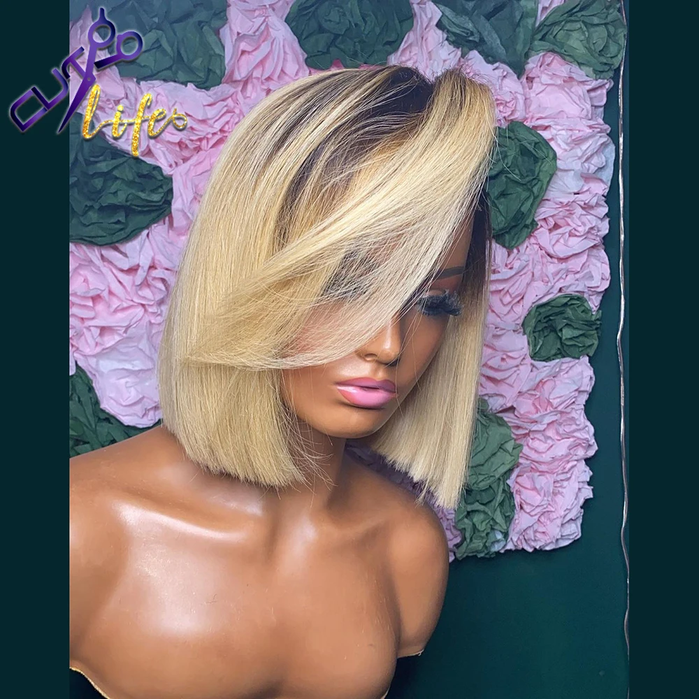 1BT613 Blonde Wig Short Bob Cheap Wig 4x4 Lace Closure Pixie Cut Wavy Brazilian Pixe Straight Human Hair Wigs For Women