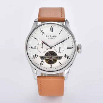 

Parnis 43mm white dial skelton display date week function ST2502 automatic self-winding movement men's pilot wrist watches
