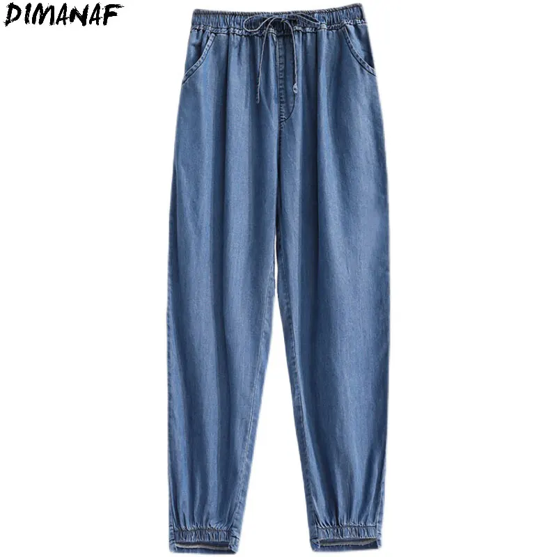 DIMANAF Plus Size Women Jeans Pants High Waist Denim Harem Female Elastic 2021 Drawstring Pockets Blue Trousers Large Size S 5XL