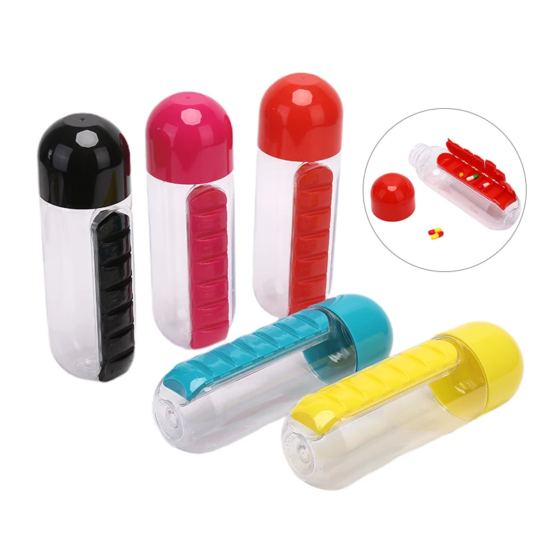 Carrying Tablet 2 in 1 Pill Box Water Bottle Outdoor 7 Compartments Medicine Organizer With Drinking Bottle
