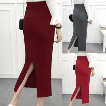 

Autumn And Winter skirts Sexy Chic Pencil Skirts Women Skirt Wool Rib Knit Long Skirt Package Hip Split Waist skirt Long Skirt